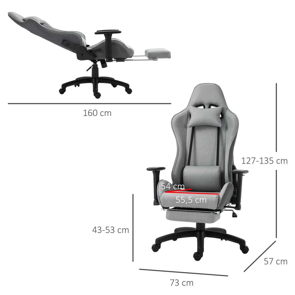 Office Chair Computer Chair Swivel Chair Ergonomic With Removable Head And Lumbar Cushion Rocker Function Gray 73X57X127-135 Cm