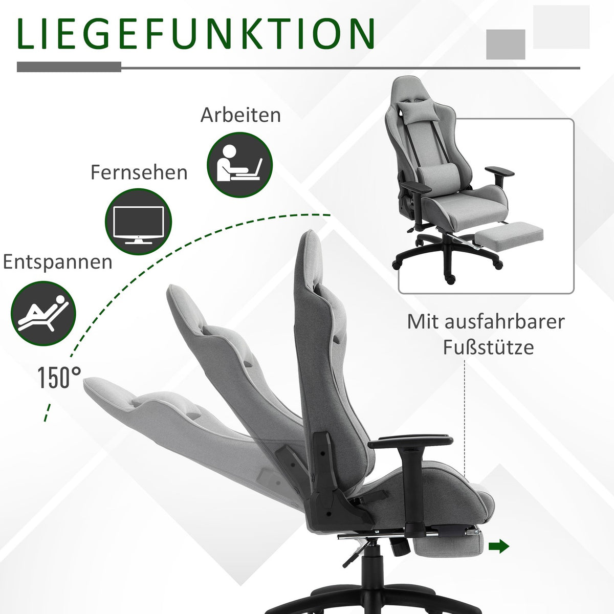 Office Chair Computer Chair Swivel Chair Ergonomic With Removable Head And Lumbar Cushion Rocker Function Gray 73X57X127-135 Cm