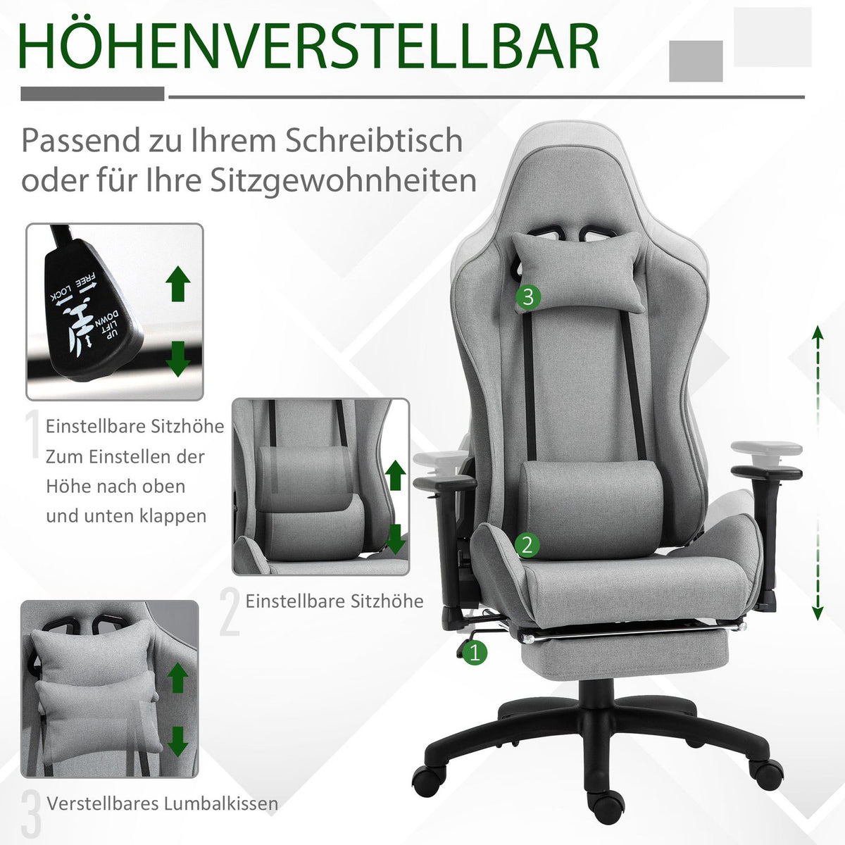 Office Chair Computer Chair Swivel Chair Ergonomic With Removable Head And Lumbar Cushion Rocker Function Gray 73X57X127-135 Cm