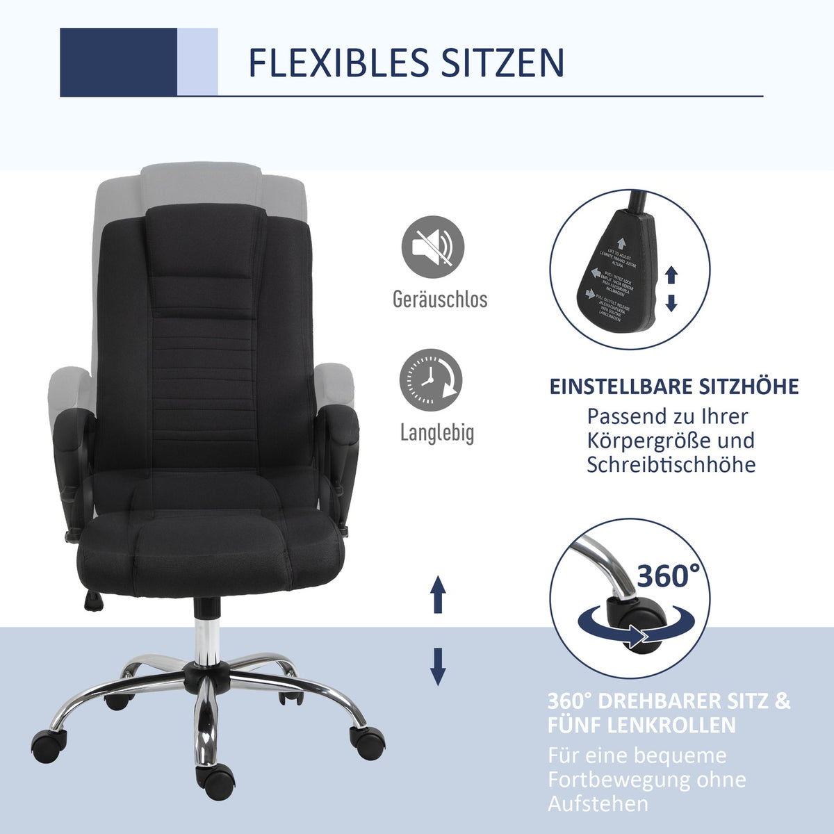 Office Chair Computer Chair With Rocker Function Headrest Ergonomic Rotatable Height Adjustable Linen Touch Black 62 X 62 X 110-119 Cm