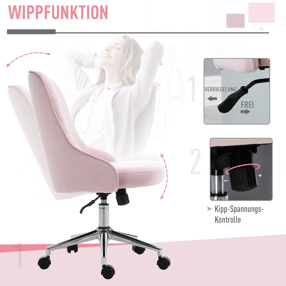 Office Chair Desk Chair In Soho Style With Rocker Function, Velvet, Pink, 57X61X86-96Cm