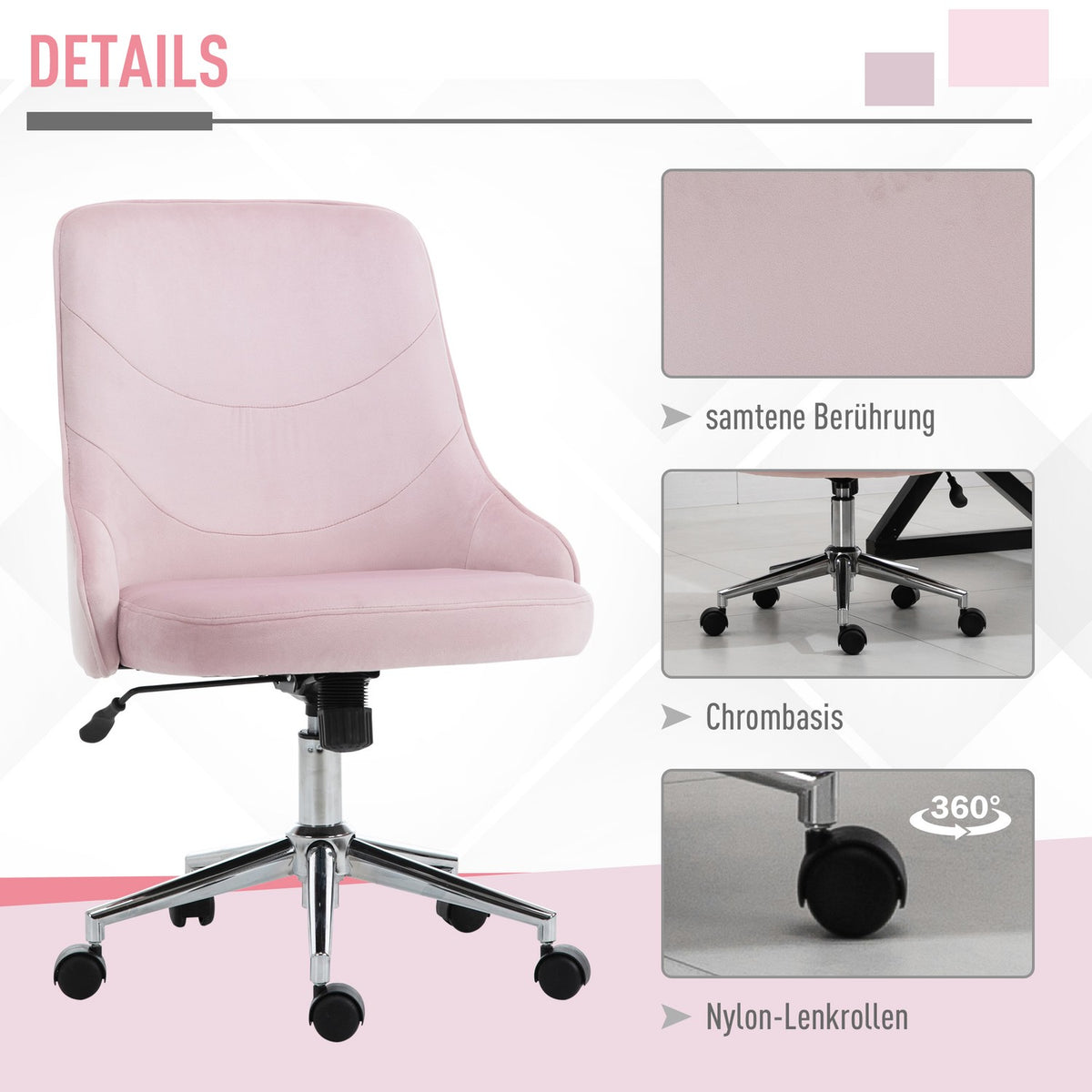 Office Chair Desk Chair In Soho Style With Rocker Function, Velvet, Pink, 57X61X86-96Cm