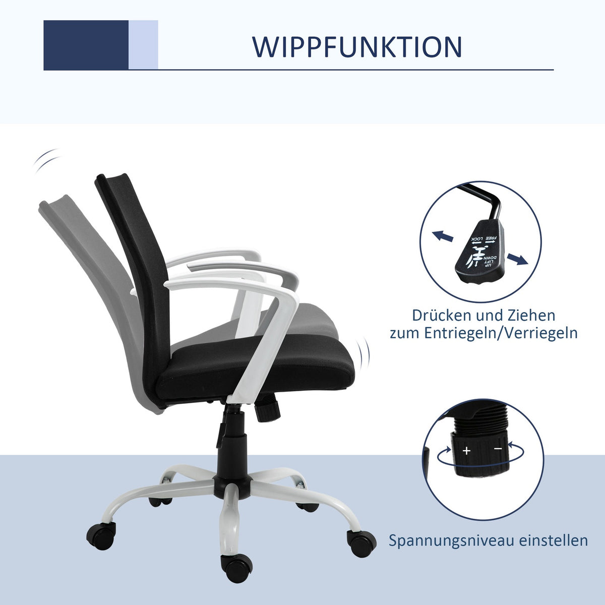 Office Chair Desk Chair Mesh Back Support With Rocker Function Headrest Ergonomic 360° Swivel Wheels Foam Nylon Black 61X61X89-99Cm