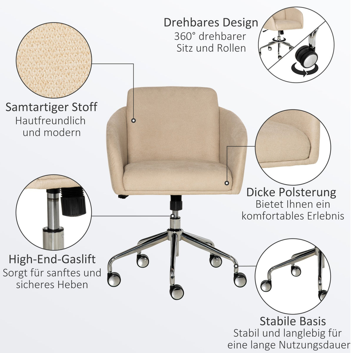 Office Chair Desk Chair Swivel Chair Ergonomic Height Adjustable Smart Touch Metal Beige 64 X 63.5 X 90.8 Cm