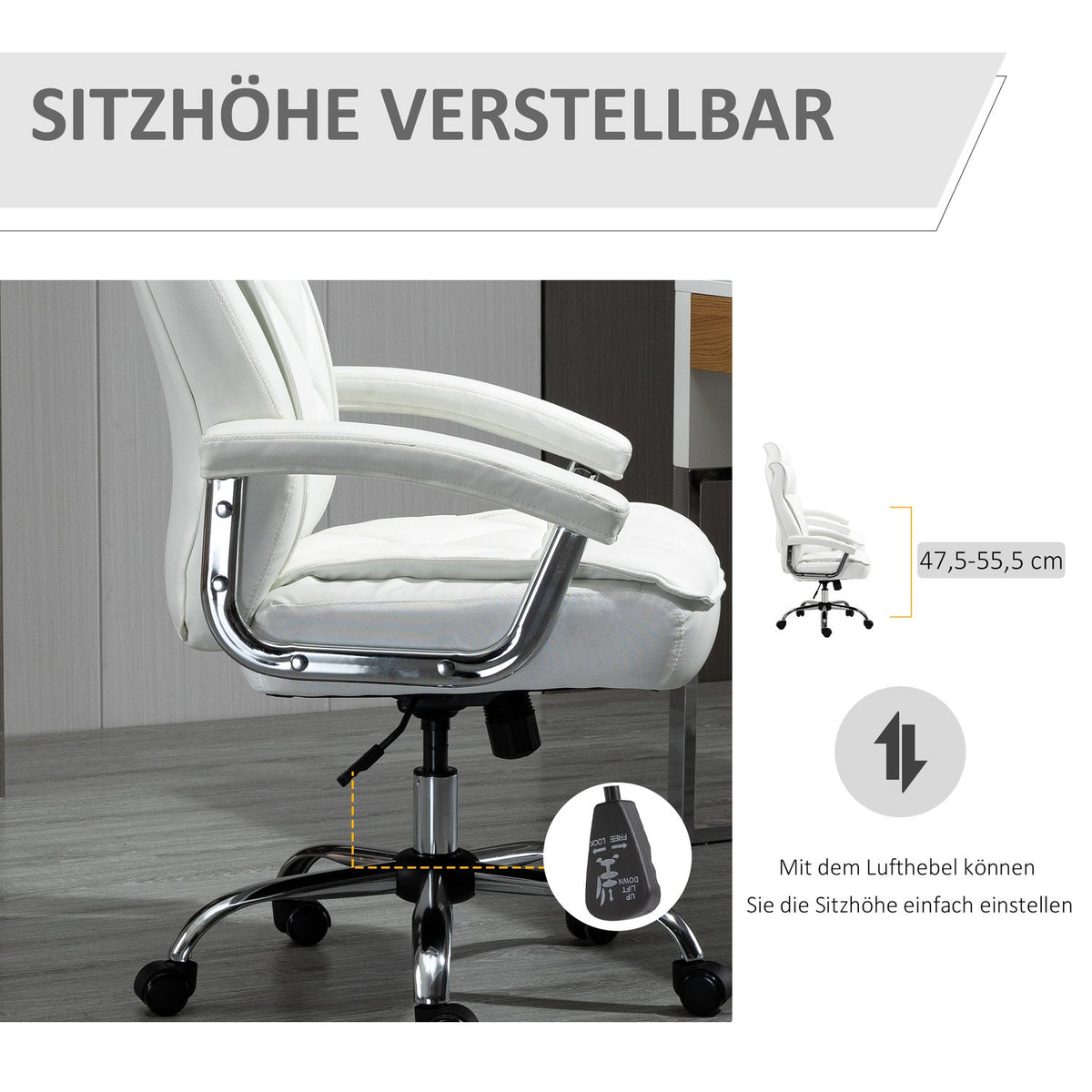 Office Chair Desk Chair Swivel Chair Ergonomic With Rocker Function Height Adjustable Diamond Pattern White 66X69X121 Cm