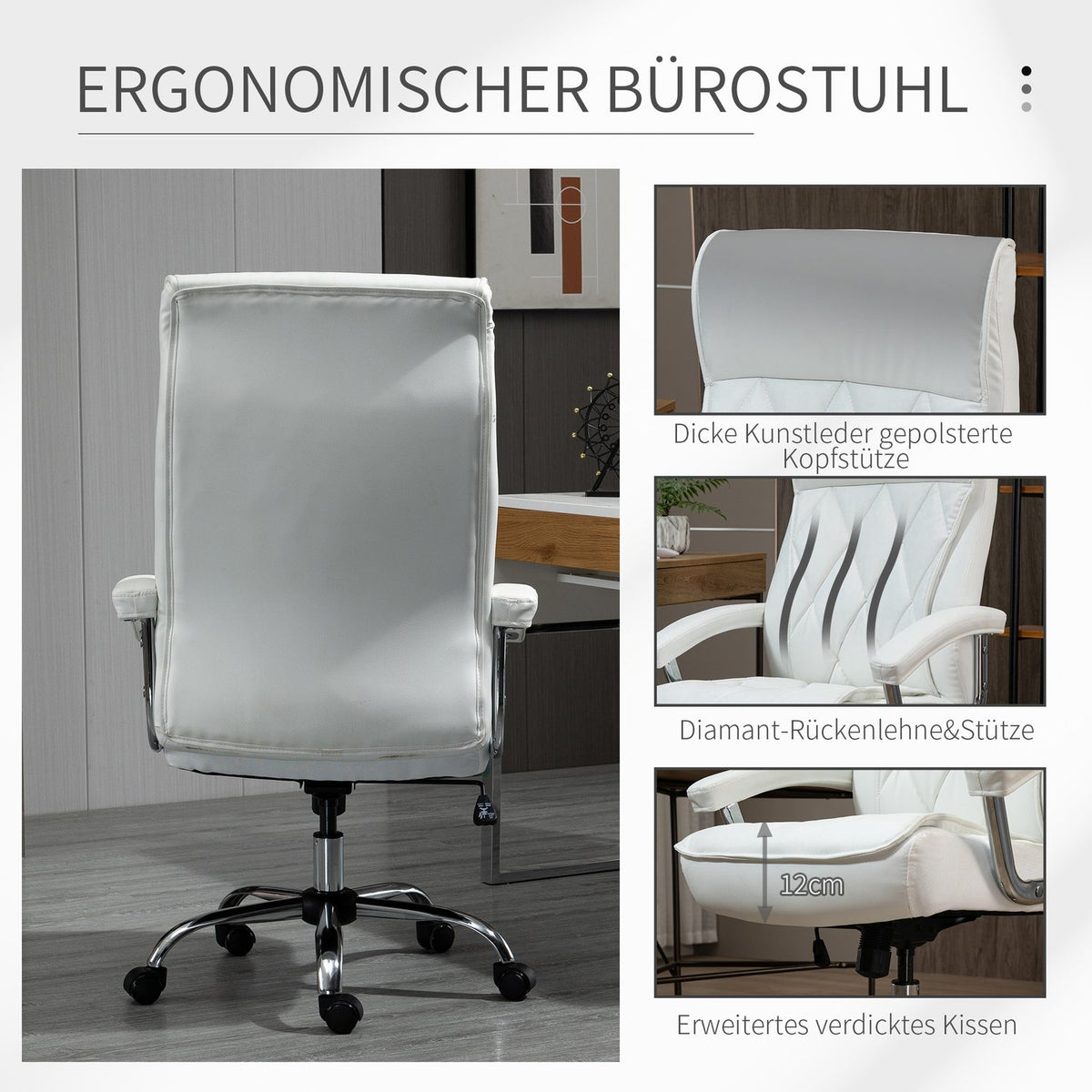 Office Chair Desk Chair Swivel Chair Ergonomic With Rocker Function Height Adjustable Diamond Pattern White 66X69X121 Cm