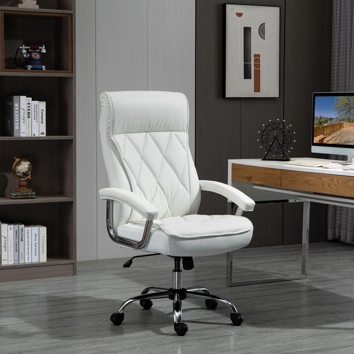 Office Chair Desk Chair Swivel Chair Ergonomic With Rocker Function Height Adjustable Diamond Pattern White 66X69X121 Cm