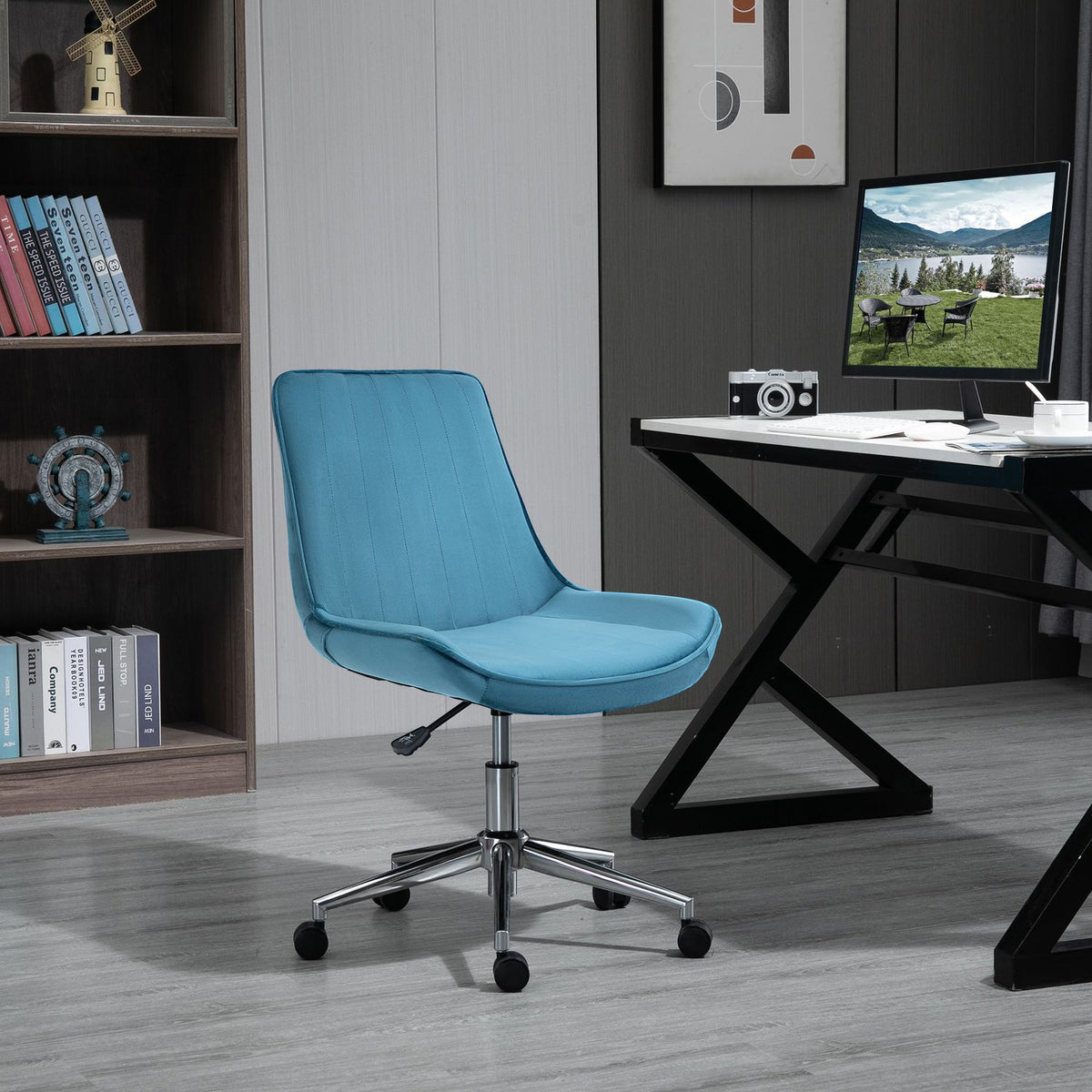 Office Chair Desk Chair, Swivel Chair, Height Adjustable, 360° Rotatable, Velvet Fabric, Blue, 52.5X60X82-91Cm