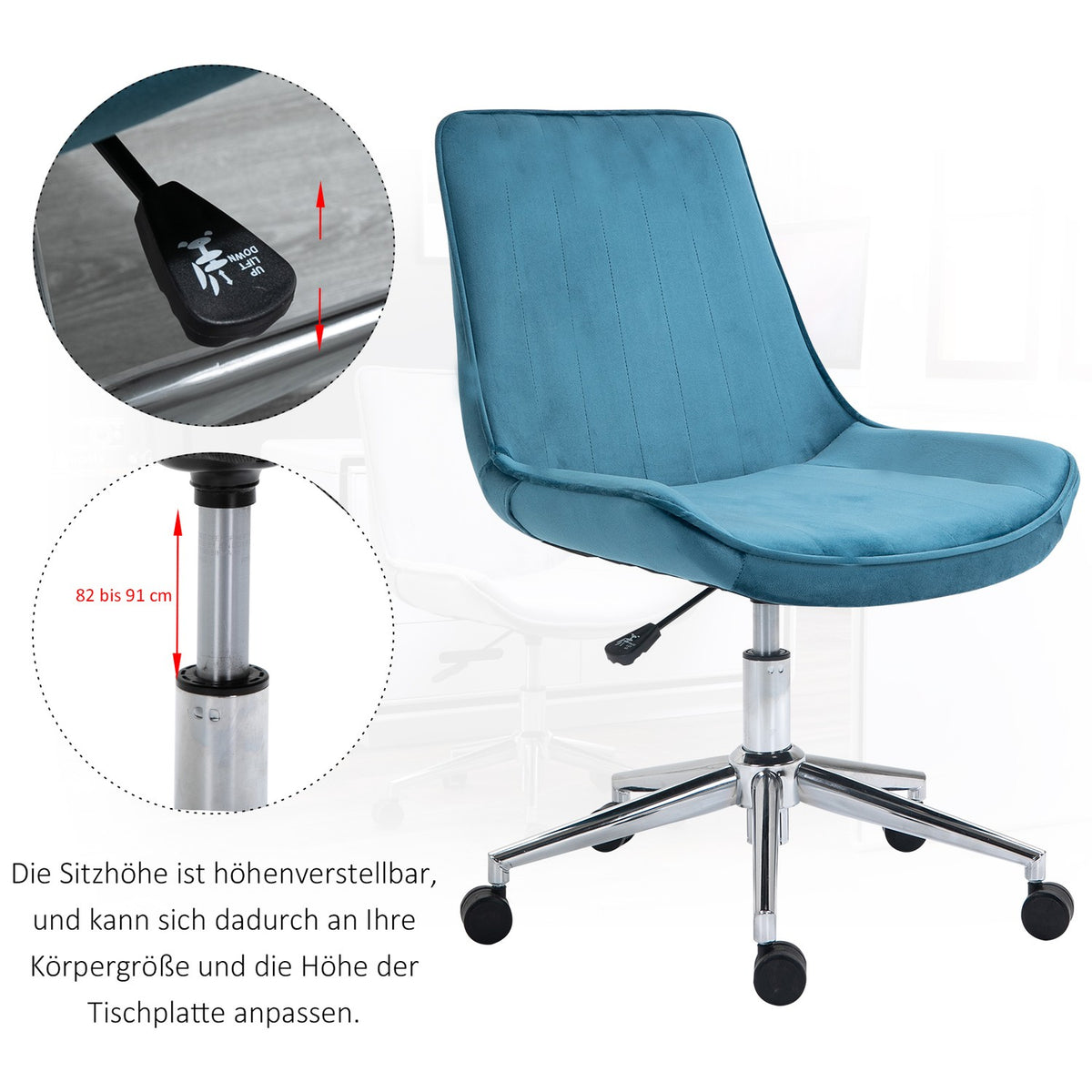 Office Chair Desk Chair, Swivel Chair, Height Adjustable, 360° Rotatable, Velvet Fabric, Blue, 52.5X60X82-91Cm