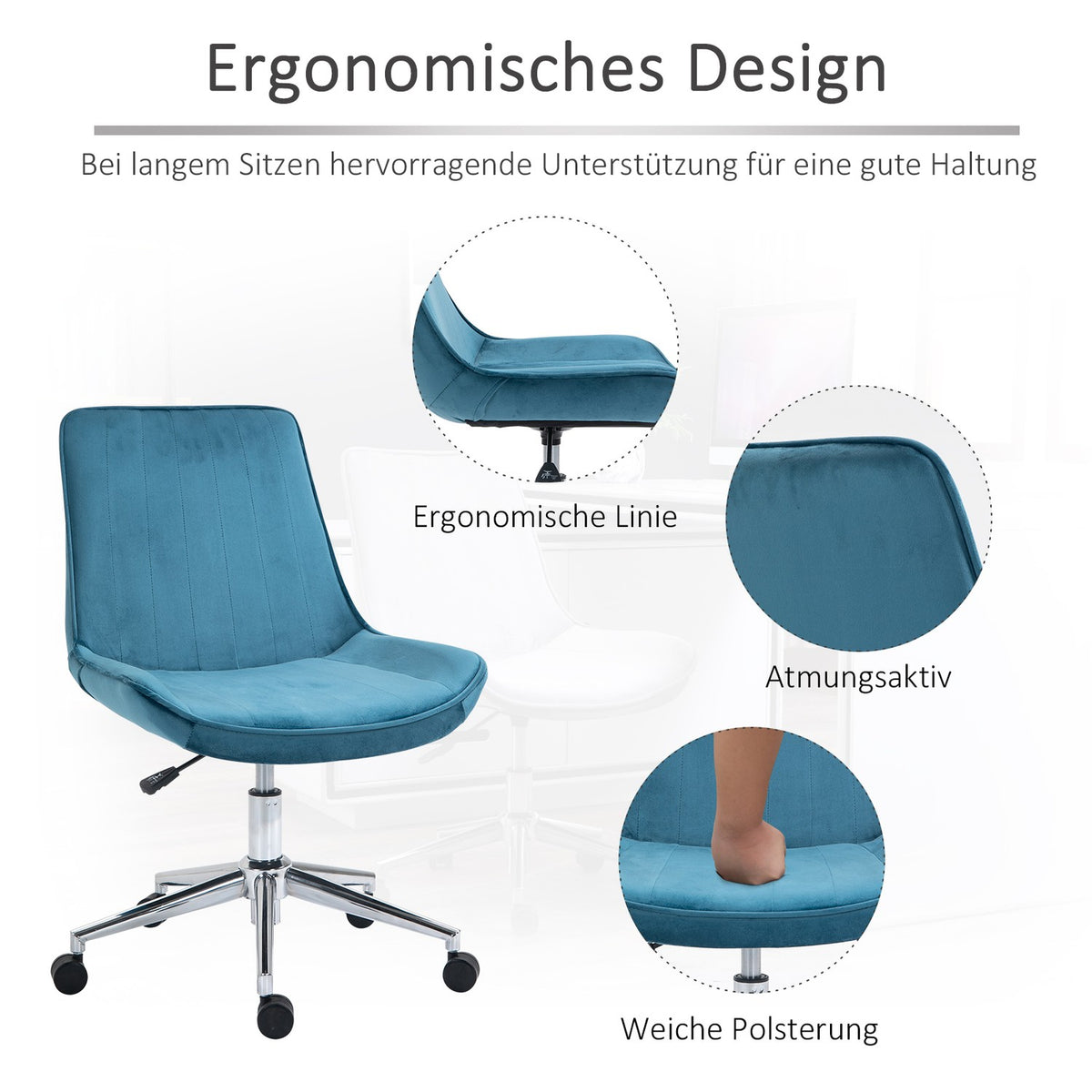 Office Chair Desk Chair, Swivel Chair, Height Adjustable, 360° Rotatable, Velvet Fabric, Blue, 52.5X60X82-91Cm