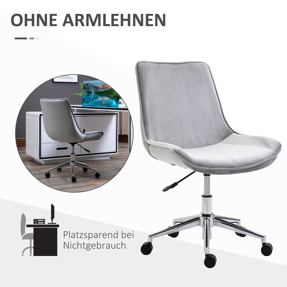 Office Chair Desk Chair, Swivel Chair, Height Adjustable, 360° Rotatable, Velvet Fabric, Gray, 52.5X60X82-91Cm