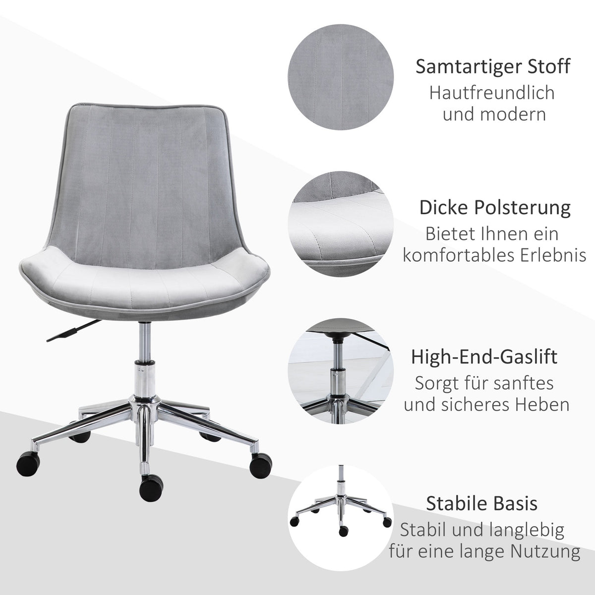 Office Chair Desk Chair, Swivel Chair, Height Adjustable, 360° Rotatable, Velvet Fabric, Gray, 52.5X60X82-91Cm