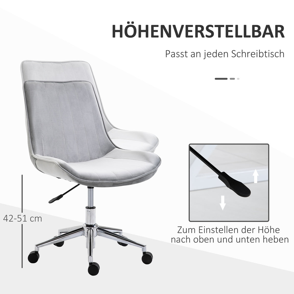 Office Chair Desk Chair, Swivel Chair, Height Adjustable, 360° Rotatable, Velvet Fabric, Gray, 52.5X60X82-91Cm