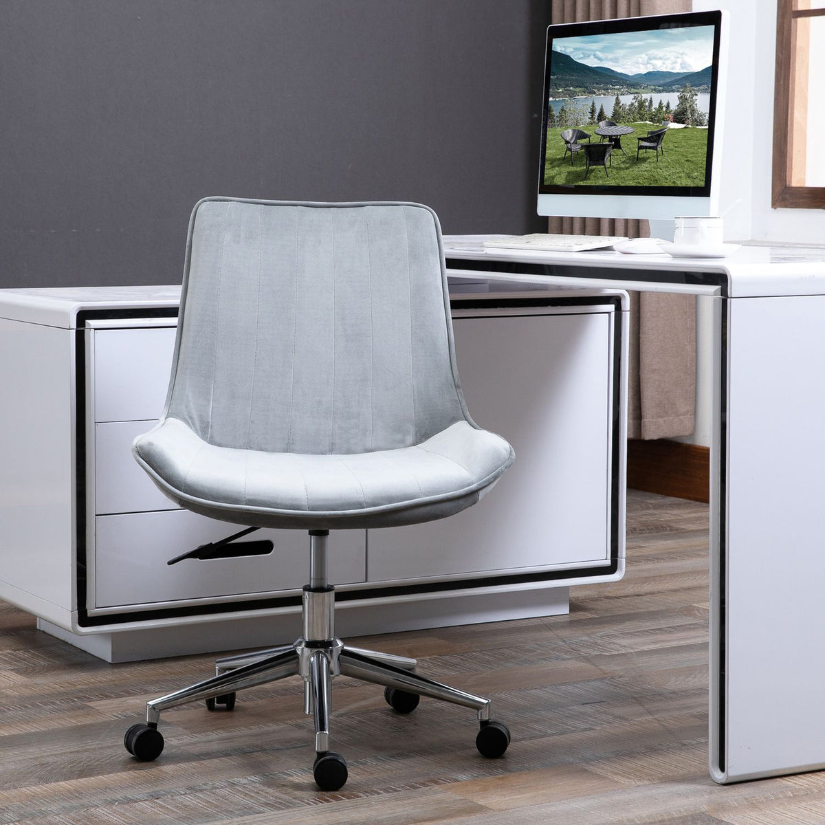 Office Chair Desk Chair, Swivel Chair, Height Adjustable, 360° Rotatable, Velvet Fabric, Gray, 52.5X60X82-91Cm