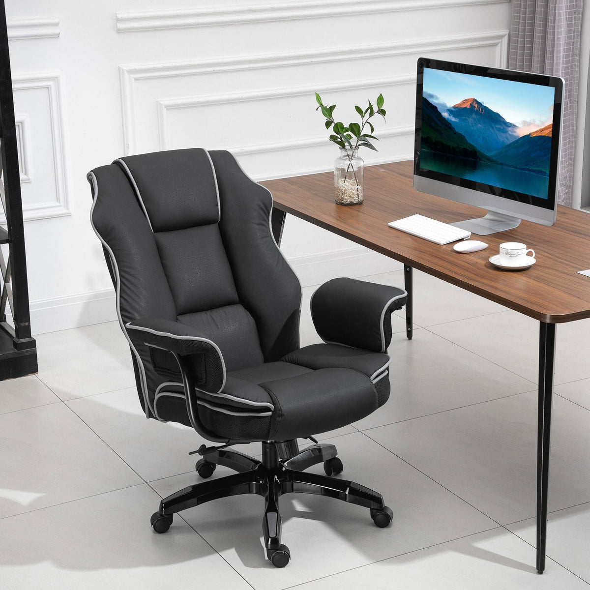 Office Chair Desk Chair Swivel Chair With Armrests Height Adjustable Ergonomic With Rocker Function Faux Leather Black 76X80X118-124 Cm