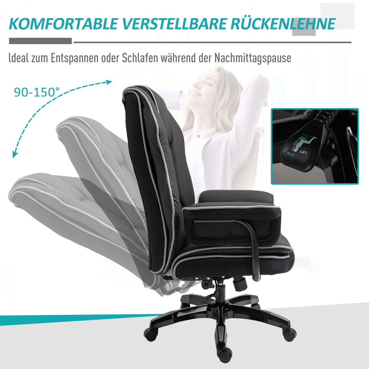 Office Chair Desk Chair Swivel Chair With Armrests Height Adjustable Ergonomic With Rocker Function Faux Leather Black 76X80X118-124 Cm