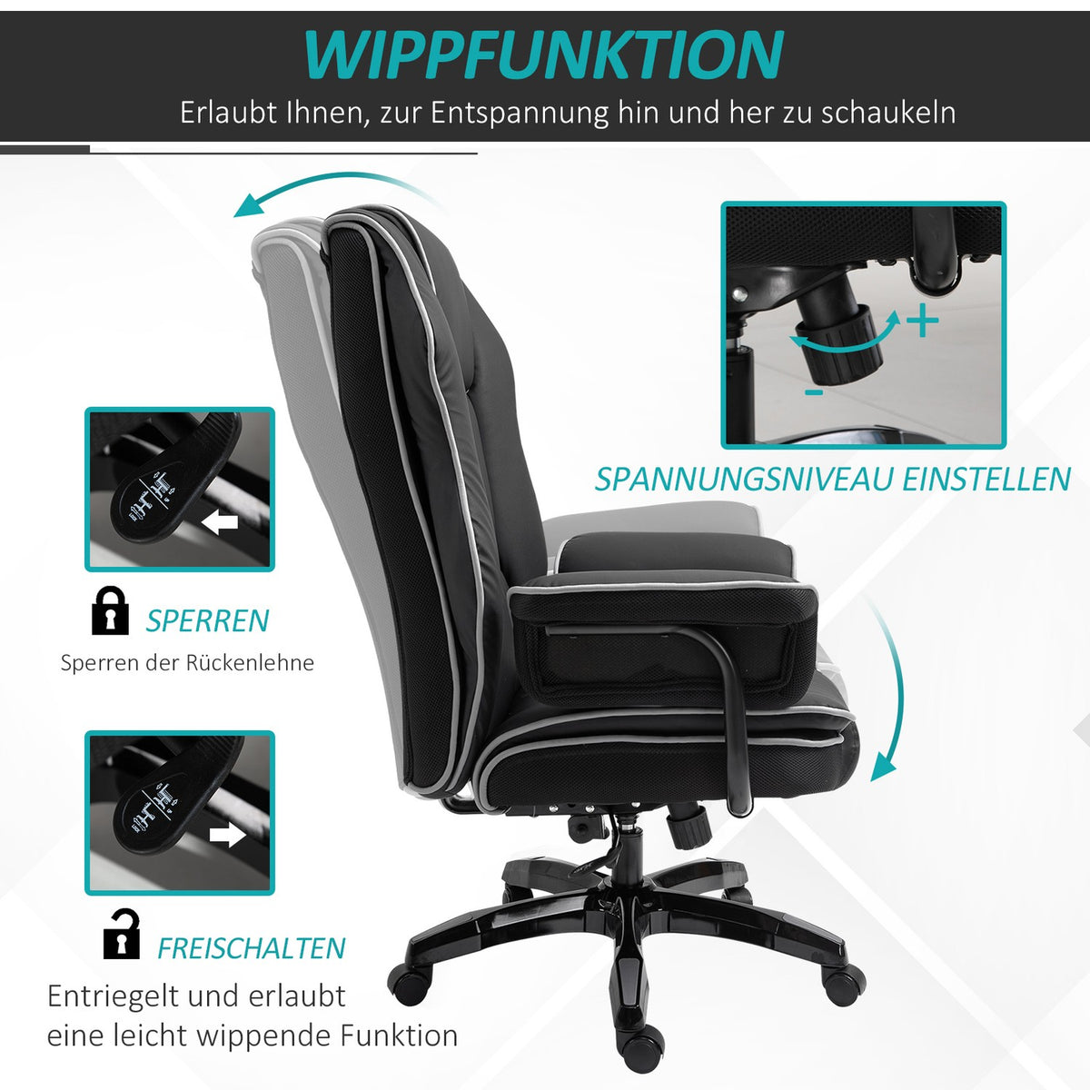 Office Chair Desk Chair Swivel Chair With Armrests Height Adjustable Ergonomic With Rocker Function Faux Leather Black 76X80X118-124 Cm