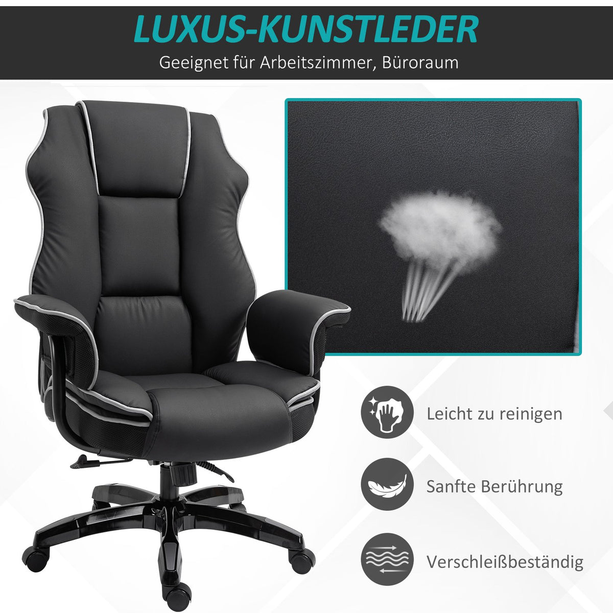 Office Chair Desk Chair Swivel Chair With Armrests Height Adjustable Ergonomic With Rocker Function Faux Leather Black 76X80X118-124 Cm