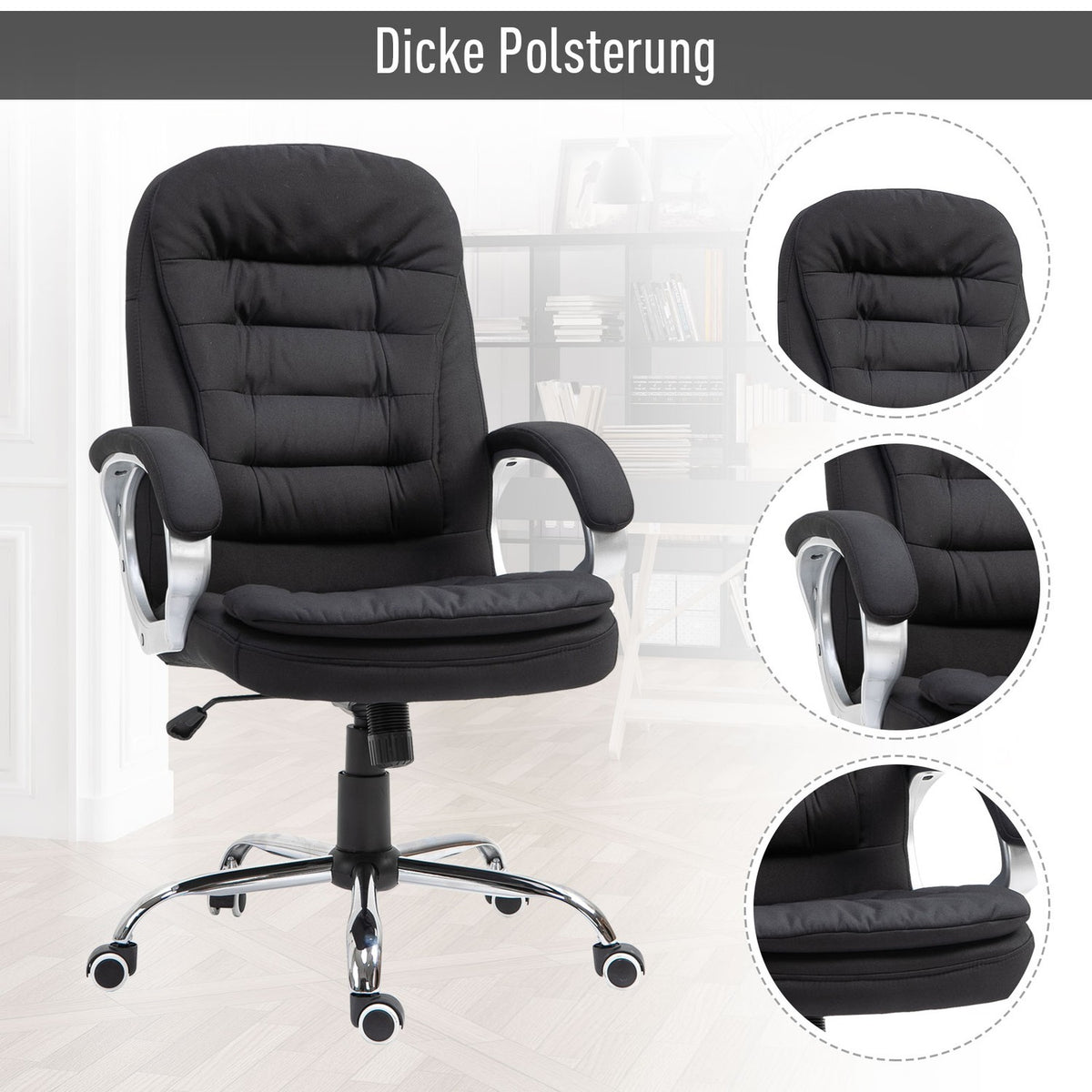 Office Chair Desk Chair With 360° Rotation, Ergonomic, Rocker Function, Height Adjustable, Black Linen, 64X75X111-121 Cm