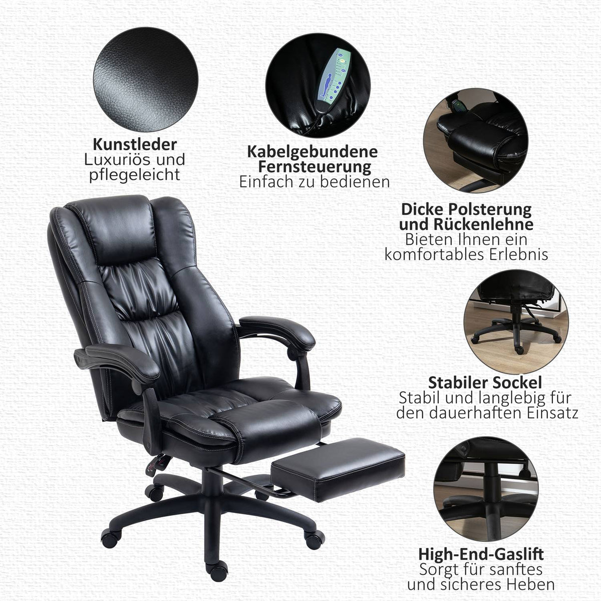 Office Chair Desk Chair With Footrest, Headrest, Vibration, Massage Function, Height Adjustable, Black, 68.5X68.5X119-127Cm