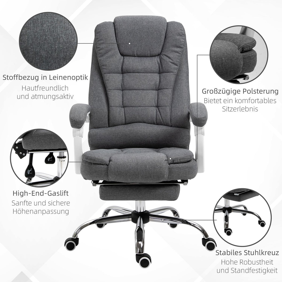 Office Chair Desk Chair With Footrest Height Adjustable Computer Chair Executive Chair With Linen Look Tilting Metal Gray