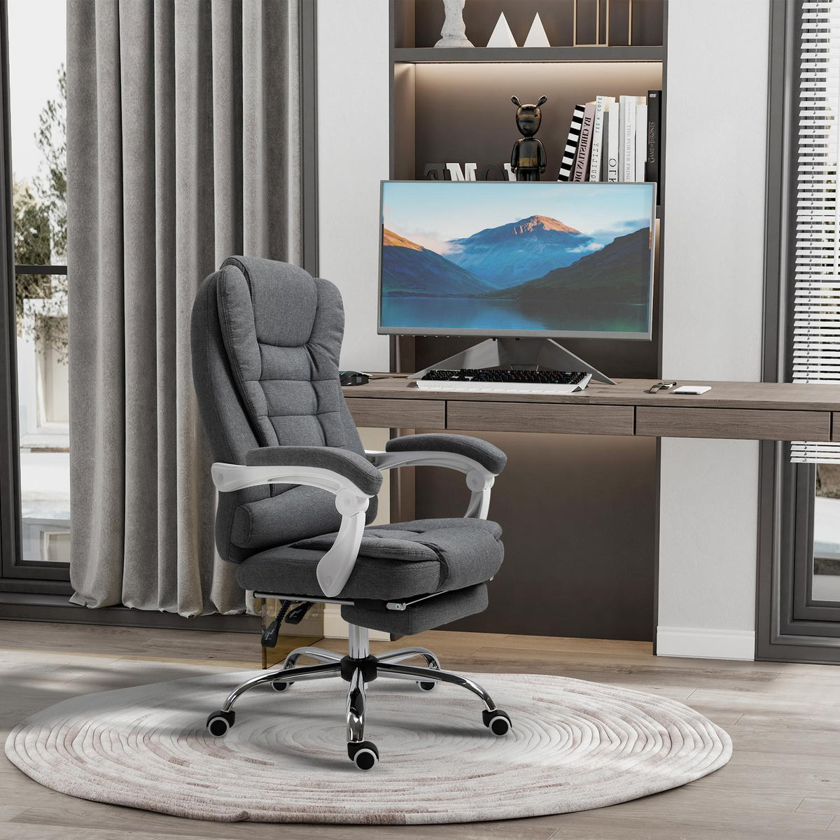 Office Chair Desk Chair With Footrest Height Adjustable Computer Chair Executive Chair With Linen Look Tilting Metal Gray