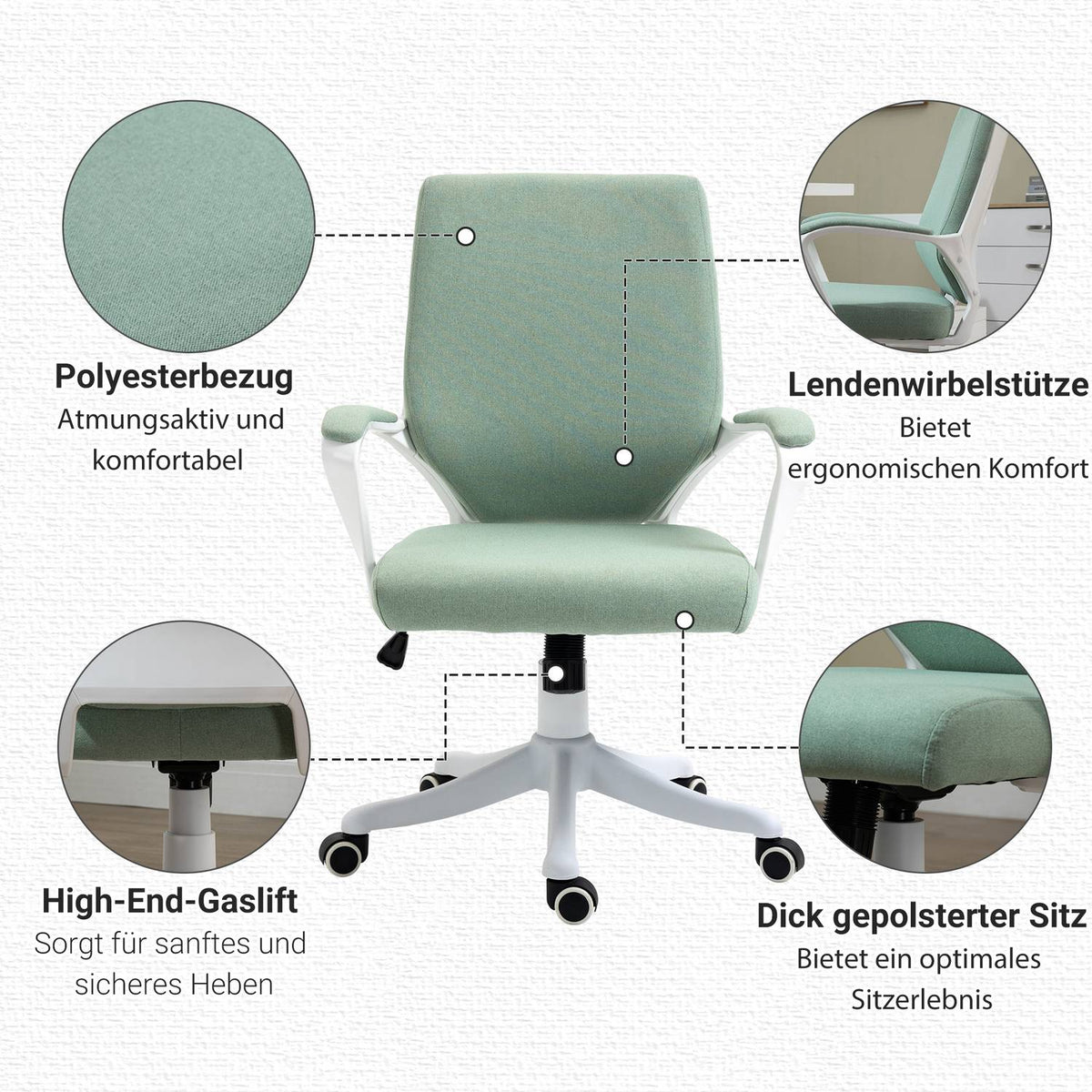 Office Chair Desk Chair With Rocker Function Backrest Thickly Padded Ergonomic 360° Swivel Wheels Polyester Green + White 62X69X92-100 Cm