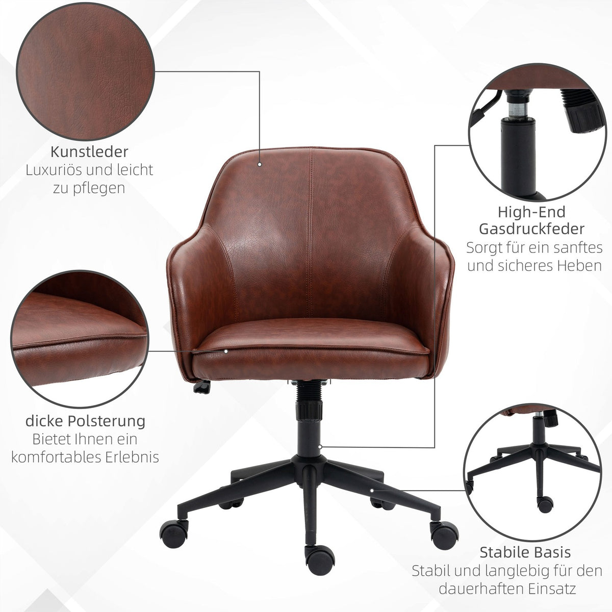 Office Chair Desk Chair With Rocker Function, Wheels, Faux Leather Look, 93-101 Cm Height Adjustable, Up To 120 Kg, Brown