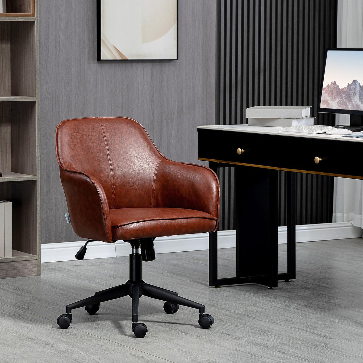 Office Chair Desk Chair With Rocker Function, Wheels, Faux Leather Look, 93-101 Cm Height Adjustable, Up To 120 Kg, Brown