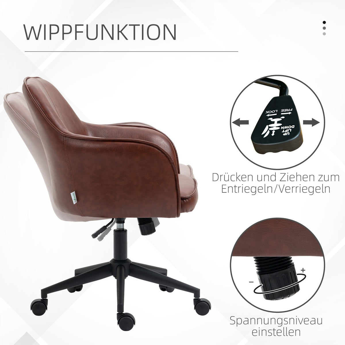 Office Chair Desk Chair With Rocker Function, Wheels, Faux Leather Look, 93-101 Cm Height Adjustable, Up To 120 Kg, Brown