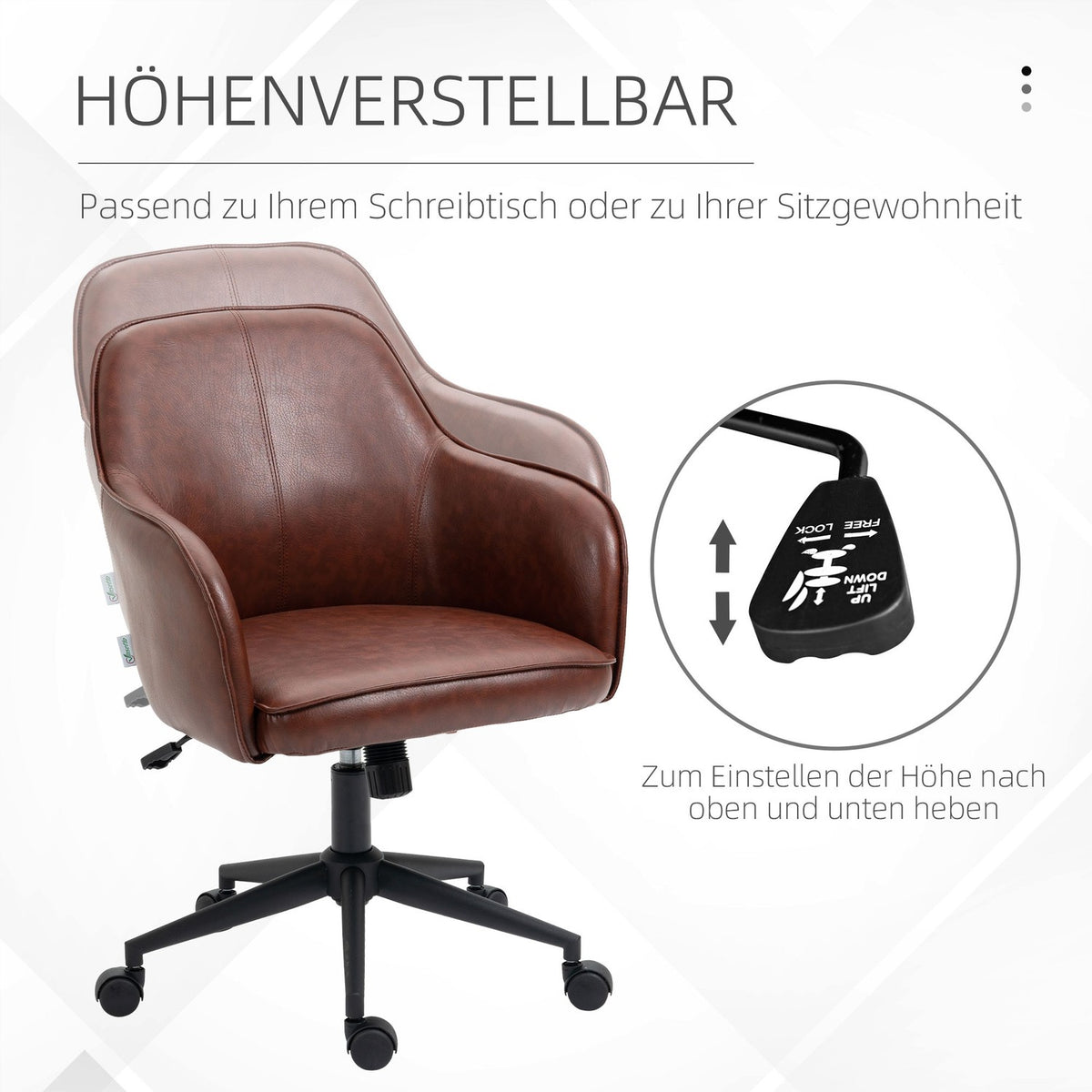 Office Chair Desk Chair With Rocker Function, Wheels, Faux Leather Look, 93-101 Cm Height Adjustable, Up To 120 Kg, Brown