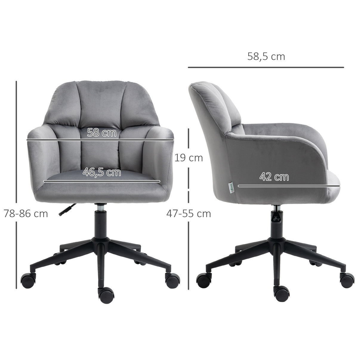 Office Chair Desk Chair With Wheels, Height Adjustable, Ergonomic, Velvet Look, Up To 120 Kg, Gray