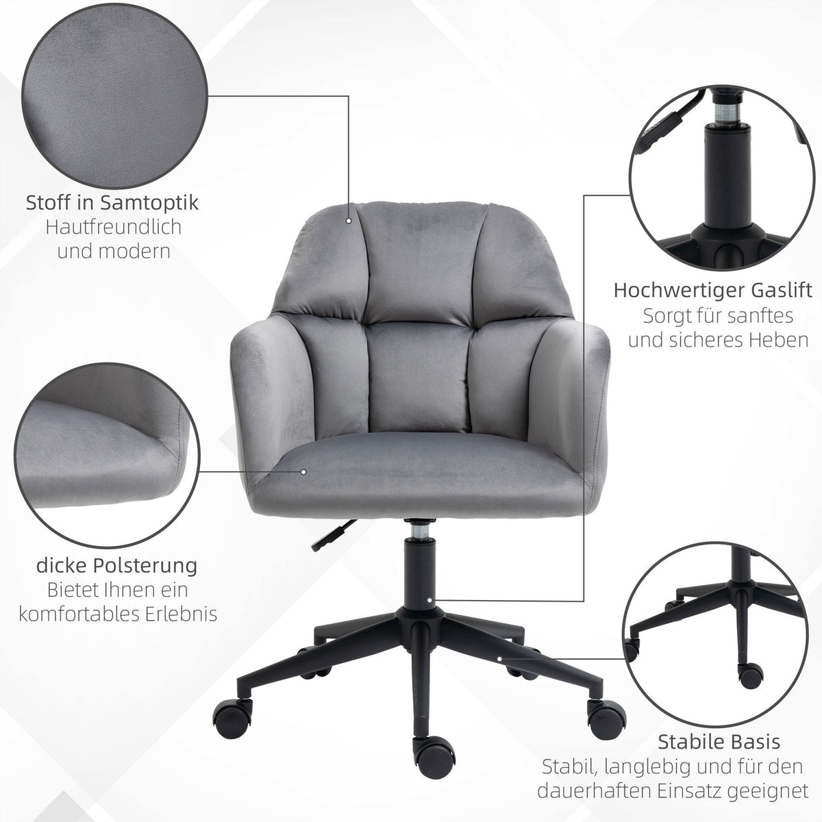Office Chair Desk Chair With Wheels, Height Adjustable, Ergonomic, Velvet Look, Up To 120 Kg, Gray
