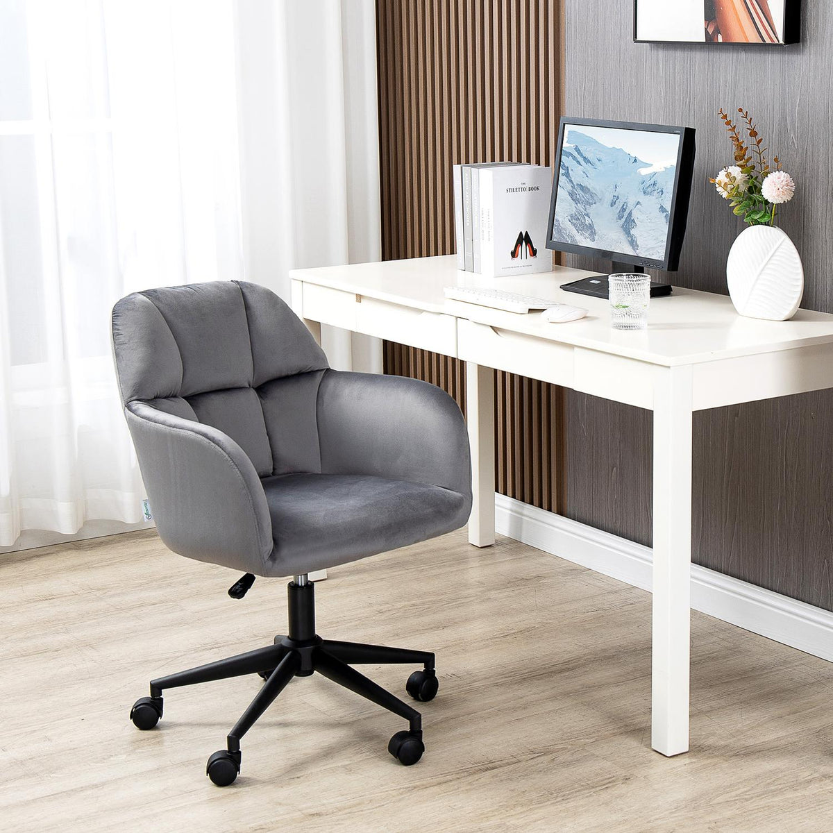 Office Chair Desk Chair With Wheels, Height Adjustable, Ergonomic, Velvet Look, Up To 120 Kg, Gray