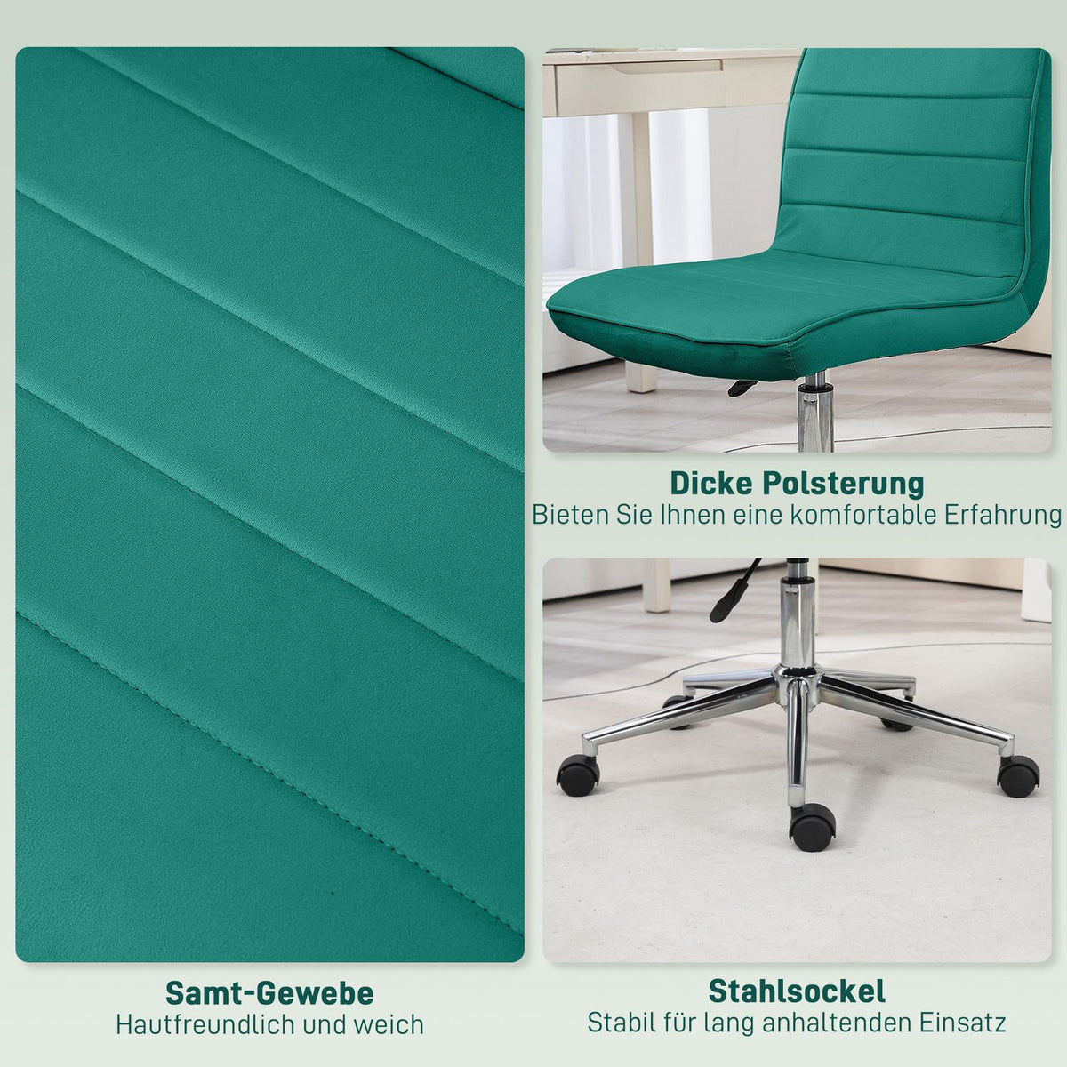 Office Chair Desk Chair Without Armrest Height Adjustable Swivel Chair Velvet Up To 120Kg Green