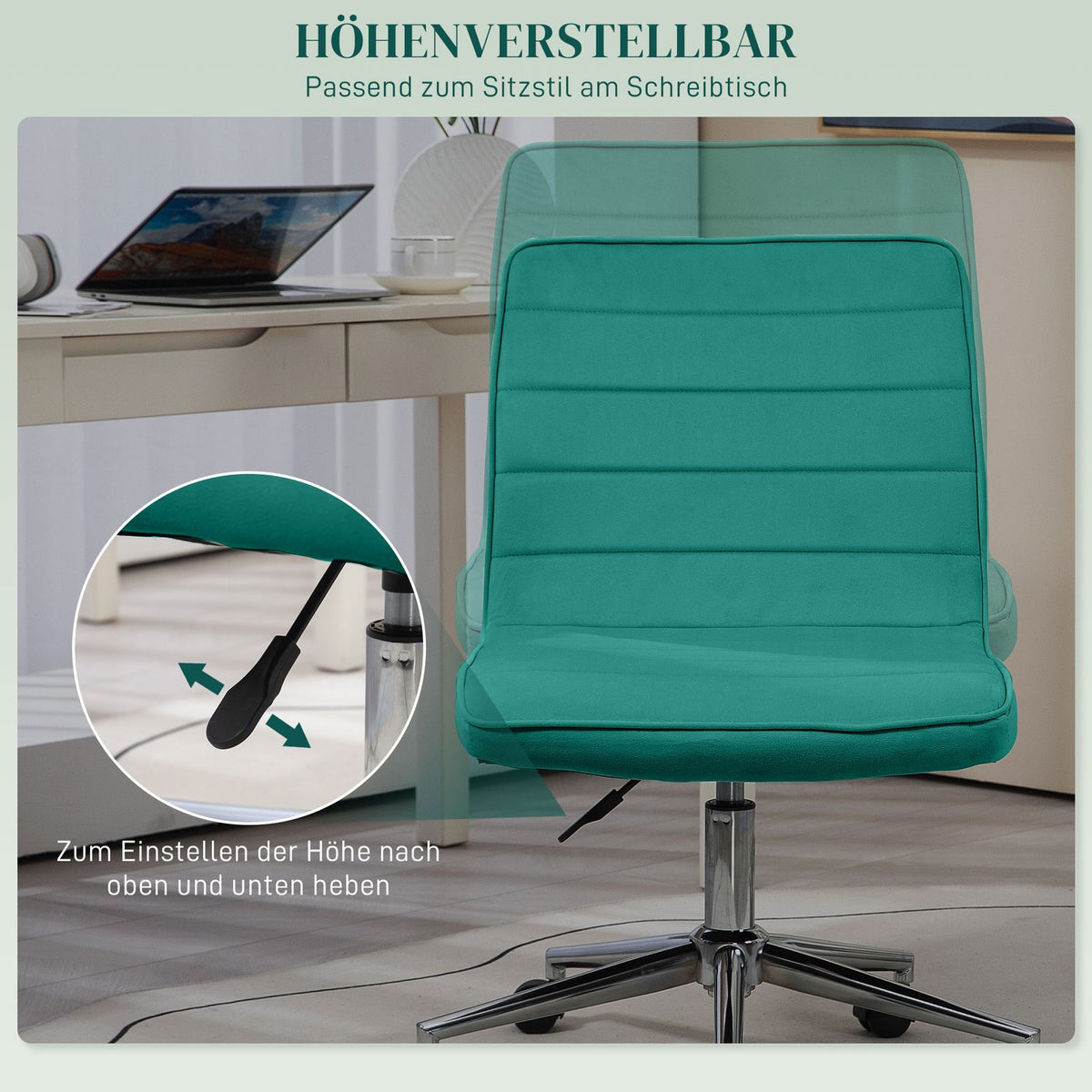 Office Chair Desk Chair Without Armrest Height Adjustable Swivel Chair Velvet Up To 120Kg Green