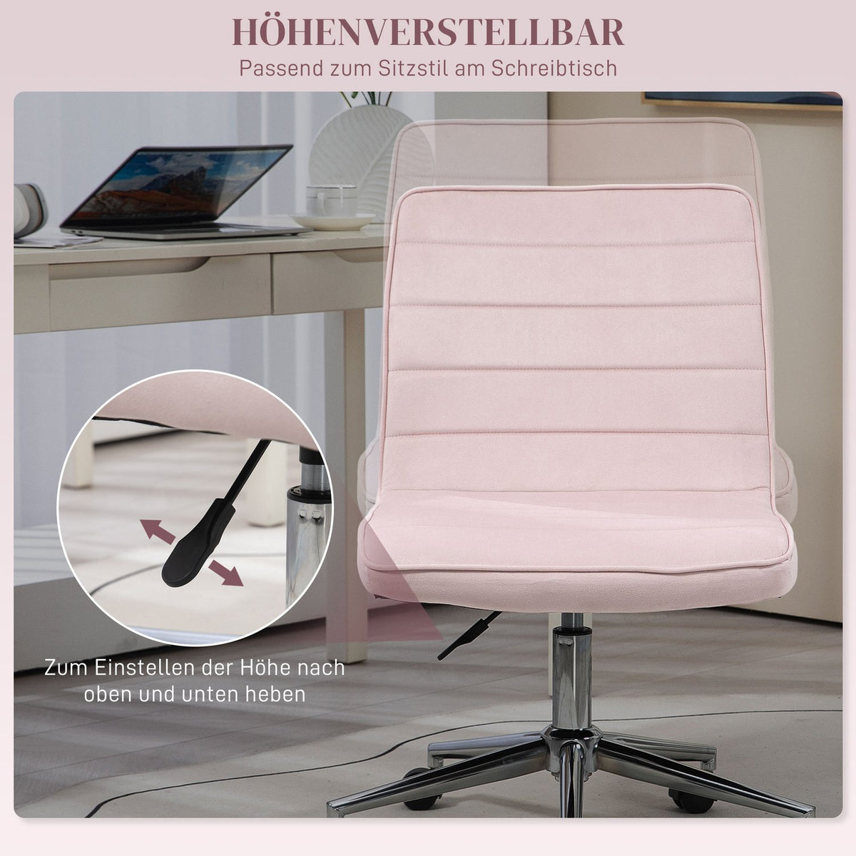 Office Chair Desk Chair Without Armrest Height Adjustable Swivel Chair Velvet Up To 120Kg Pink