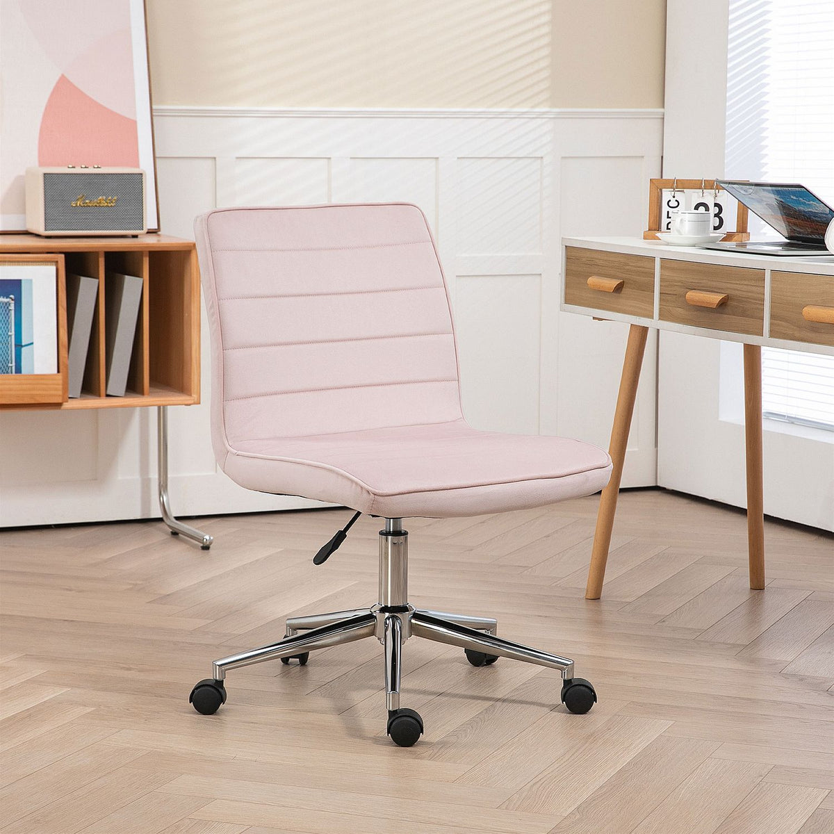 Office Chair Desk Chair Without Armrest Height Adjustable Swivel Chair Velvet Up To 120Kg Pink