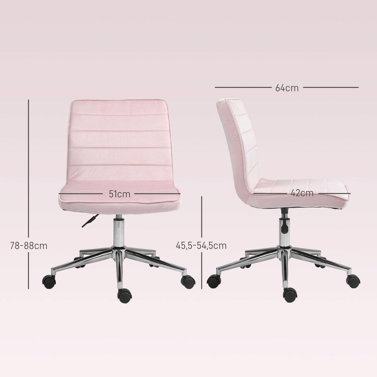 Office Chair Desk Chair Without Armrest Height Adjustable Swivel Chair Velvet Up To 120Kg Pink
