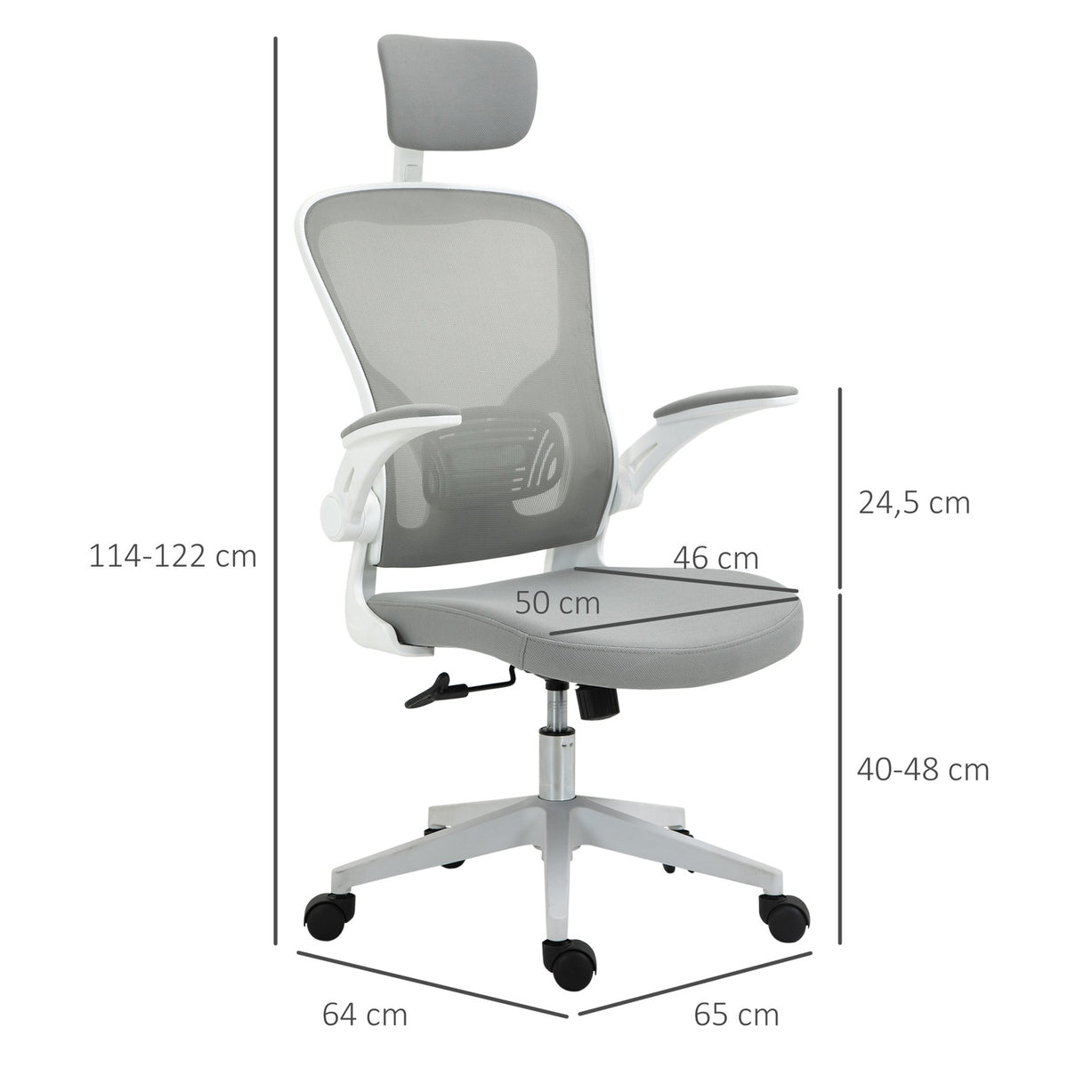 Office Chair Ergonomic Chair With Rocker Function High Back Lumbar Support Headrest Fold-Up Gray 65 X 64 X 114-122 Cm