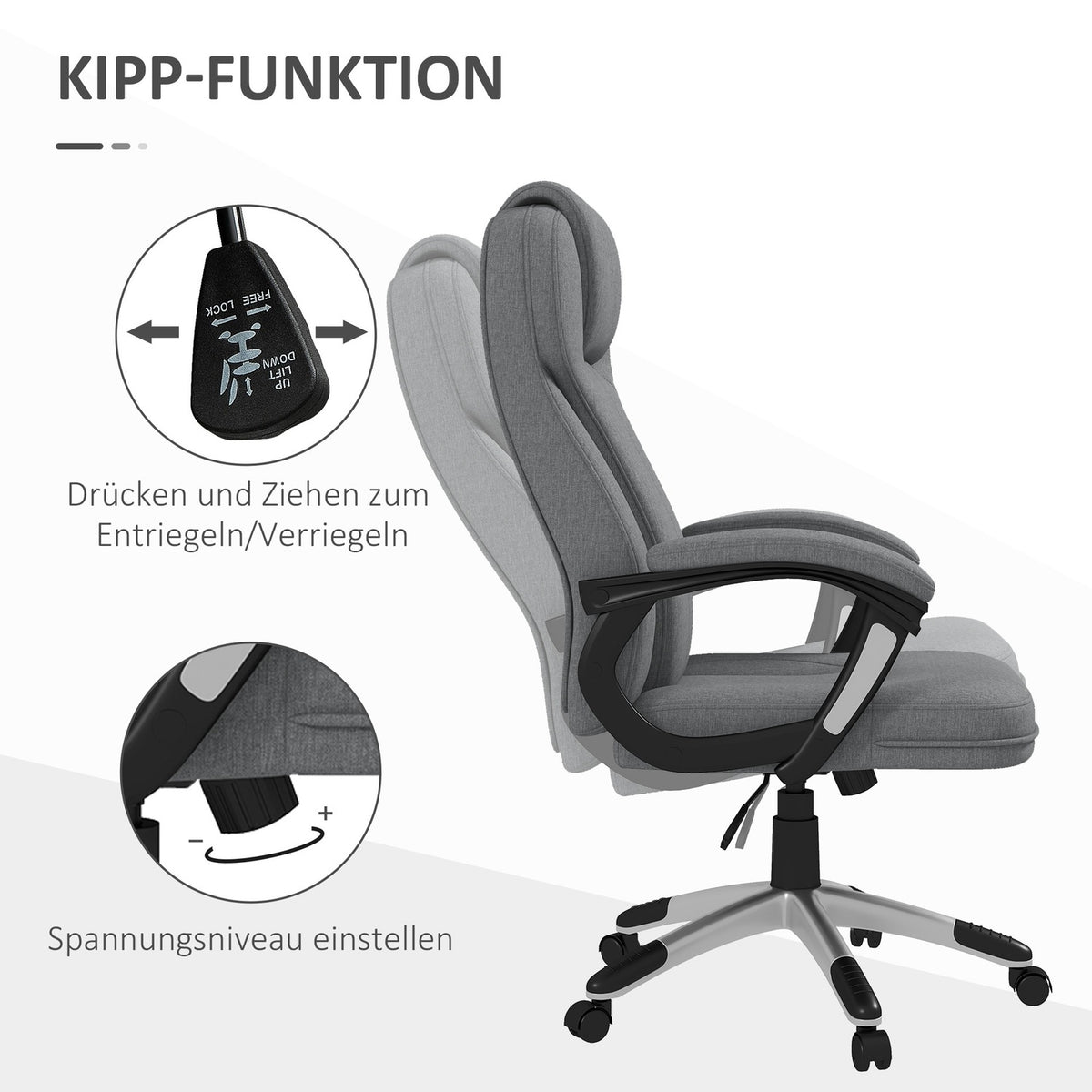 Office Chair Ergonomic Computer Chair With Rocker Function, Height Adjustable, Headrest, Armrests, Gray, Linen Look, 66X75X110-120Cm