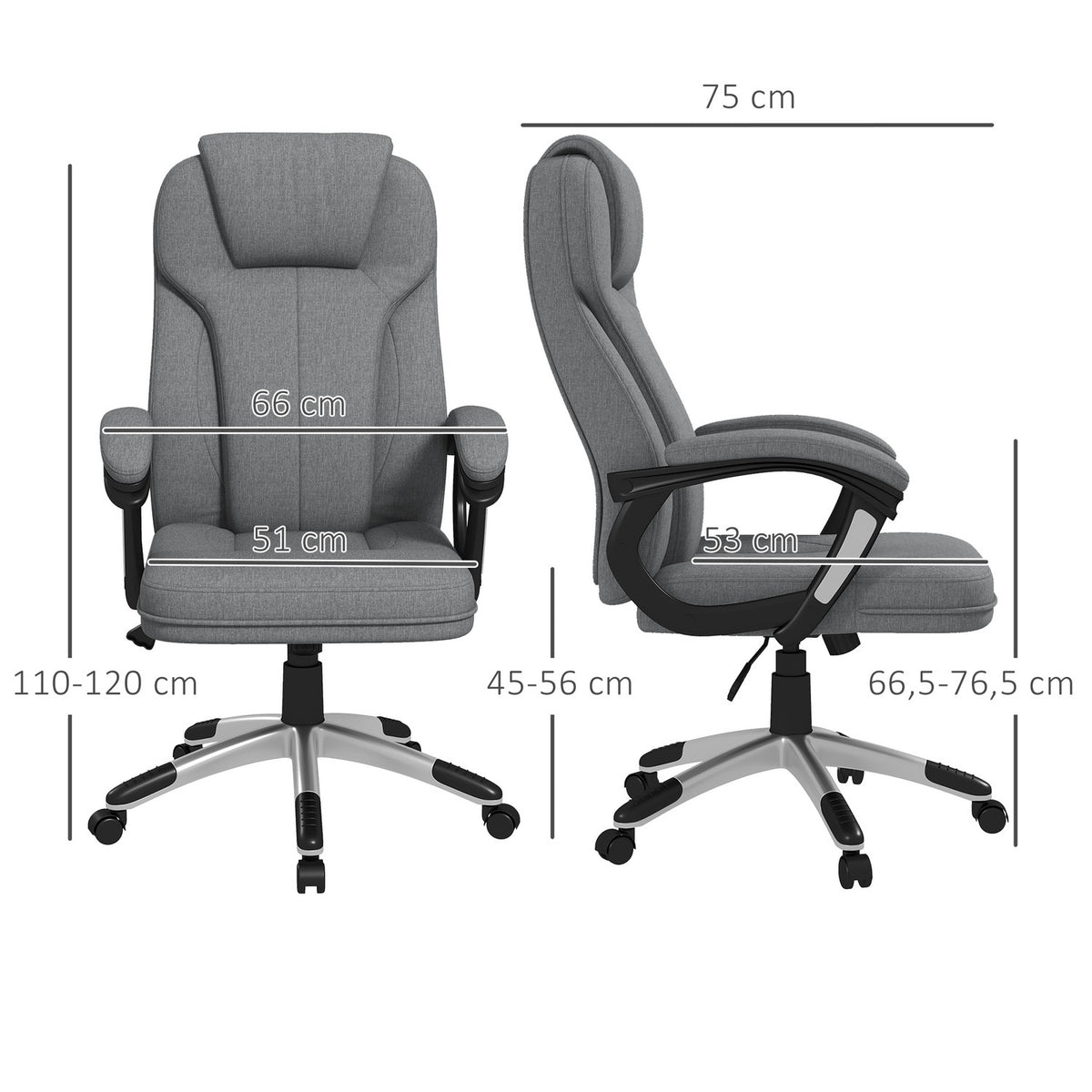 Office Chair Ergonomic Computer Chair With Rocker Function, Height Adjustable, Headrest, Armrests, Gray, Linen Look, 66X75X110-120Cm