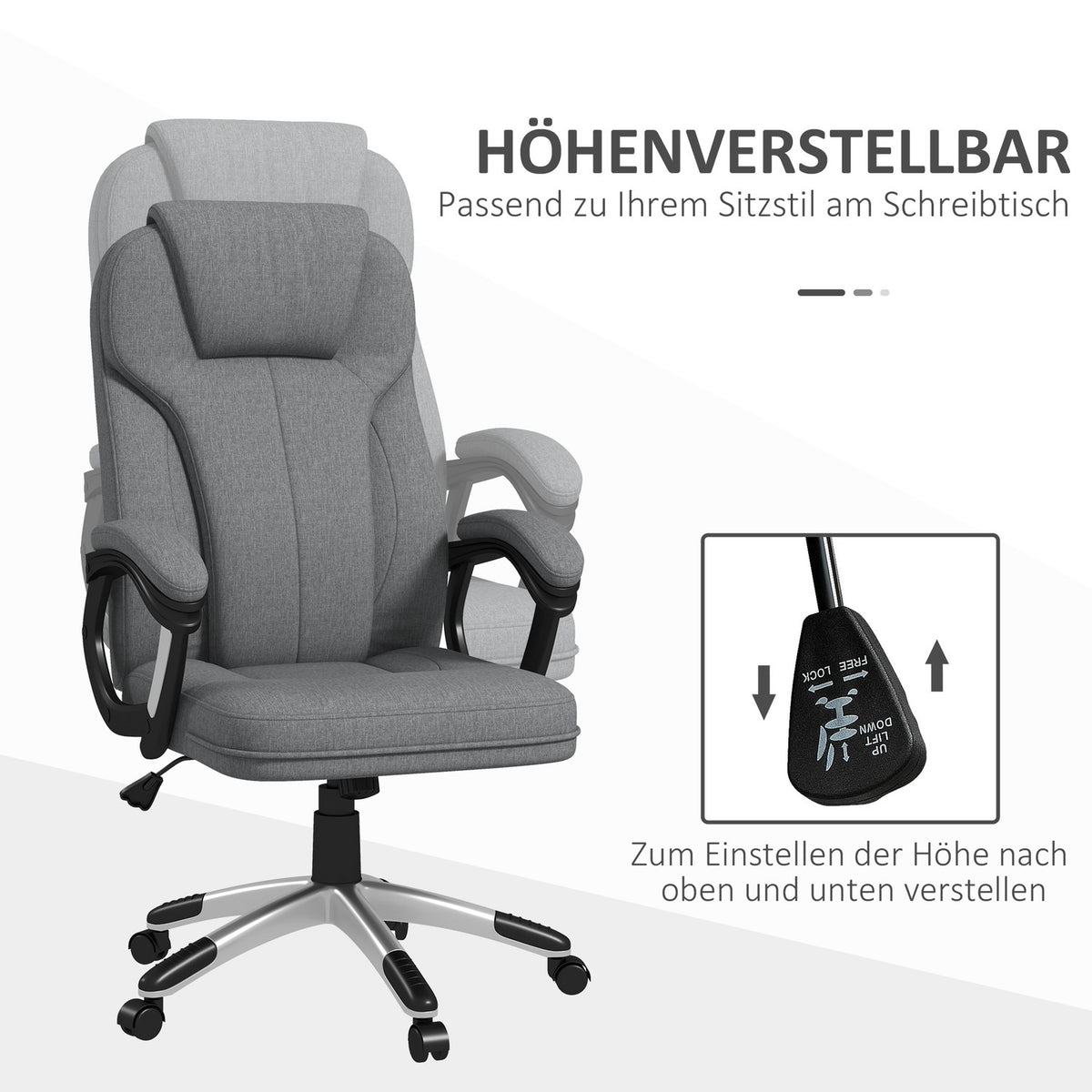 Office Chair Ergonomic Computer Chair With Rocker Function, Height Adjustable, Headrest, Armrests, Gray, Linen Look, 66X75X110-120Cm