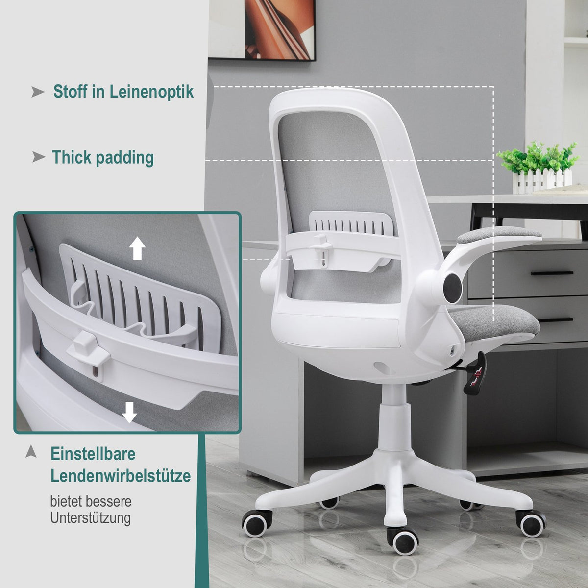 Office Chair Ergonomic Desk Chair With Rocker Function, Adjustable Armrest, Gray & White, 62.5X60X94-104Cm