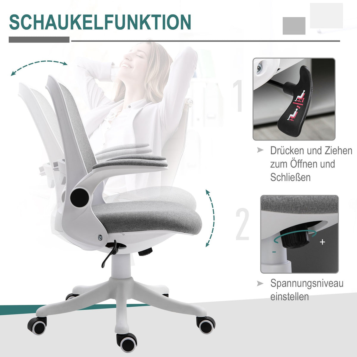 Office Chair Ergonomic Desk Chair With Rocker Function, Adjustable Armrest, Gray & White, 62.5X60X94-104Cm