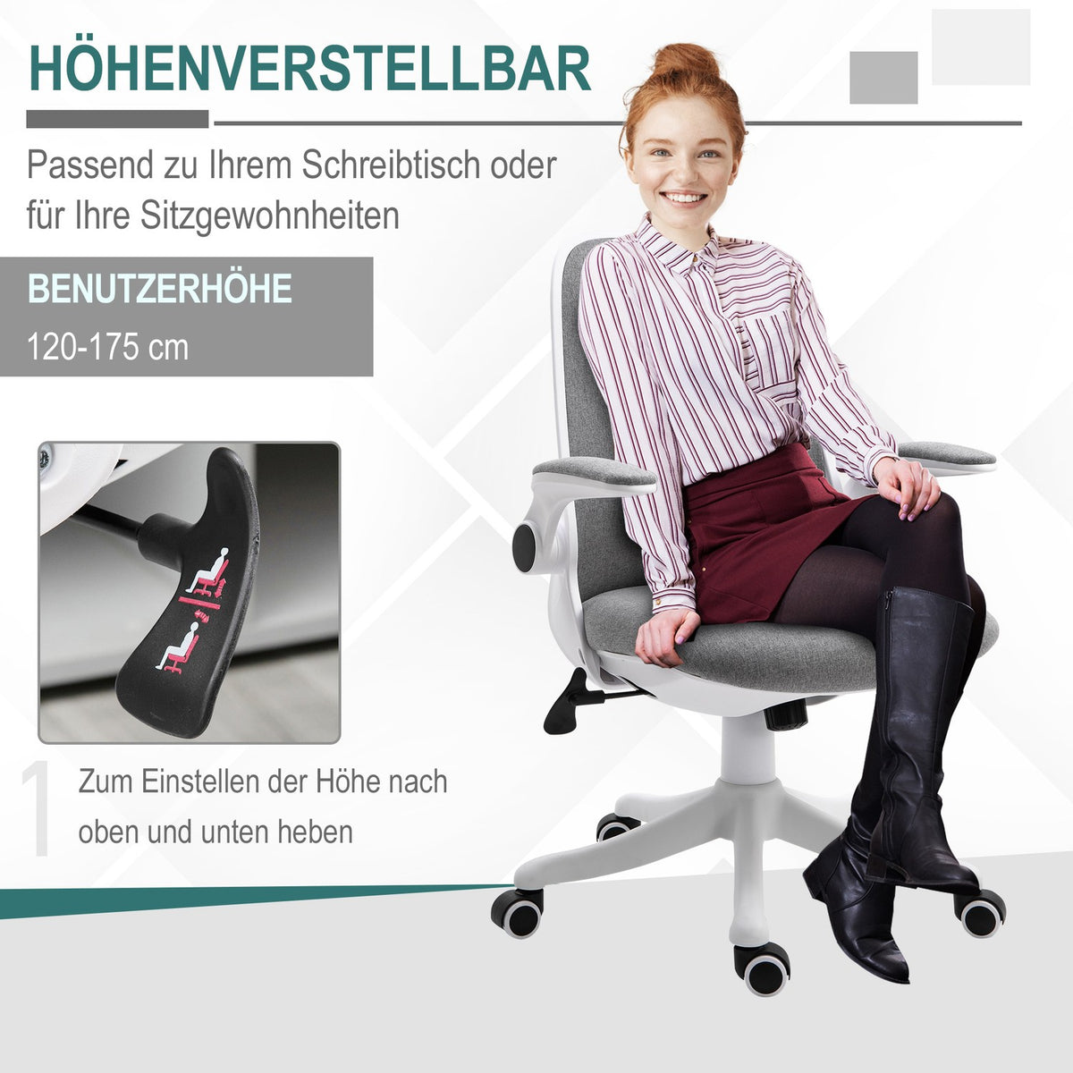 Office Chair Ergonomic Desk Chair With Rocker Function, Adjustable Armrest, Gray & White, 62.5X60X94-104Cm