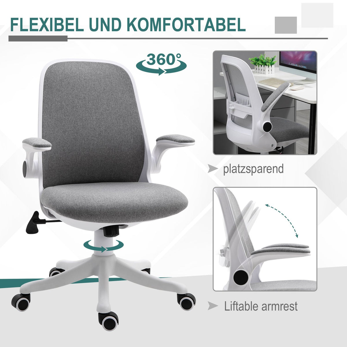 Office Chair Ergonomic Desk Chair With Rocker Function, Adjustable Armrest, Gray & White, 62.5X60X94-104Cm