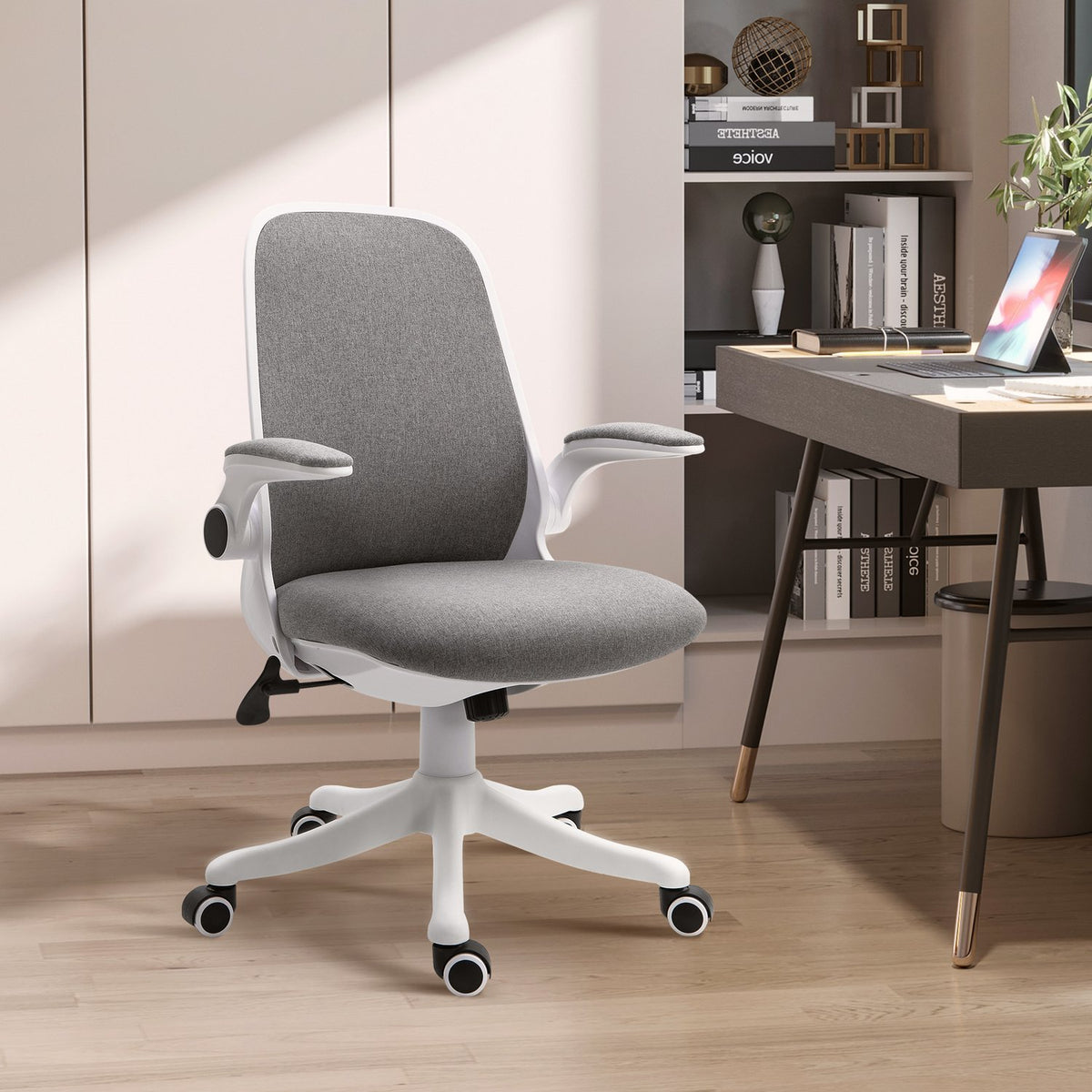 Office Chair Ergonomic Desk Chair With Rocker Function, Adjustable Armrest, Gray & White, 62.5X60X94-104Cm