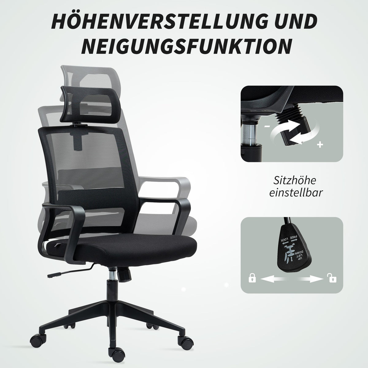 Office Chair Ergonomic Desk Chair with Armrest, Adjustable Headrest, Height-Adjustable Mesh Swivel Chair with Rocker Function, Black