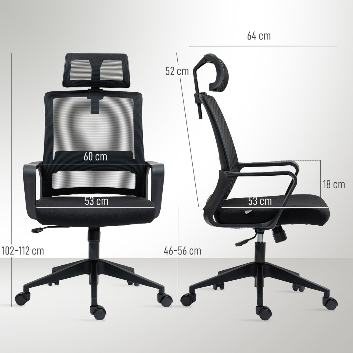 Office Chair Ergonomic Desk Chair with Armrest, Adjustable Headrest, Height-Adjustable Mesh Swivel Chair with Rocker Function, Black
